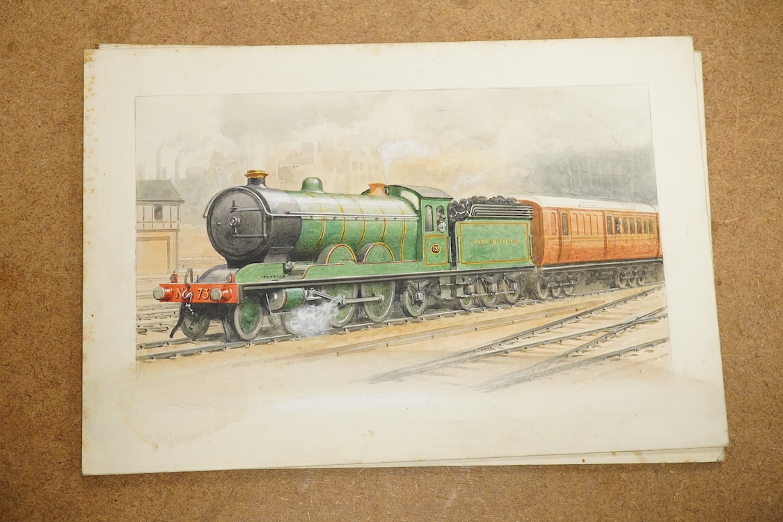 Charles Thomas Howard (1865-1942), a set of six original watercolours for postcard designs, Steam Trains to include ‘A Royal Train, Eastern and Chatham Railway’, ‘Cornish Express, GWR’ and ‘Aberdeen and Glasgow Express,